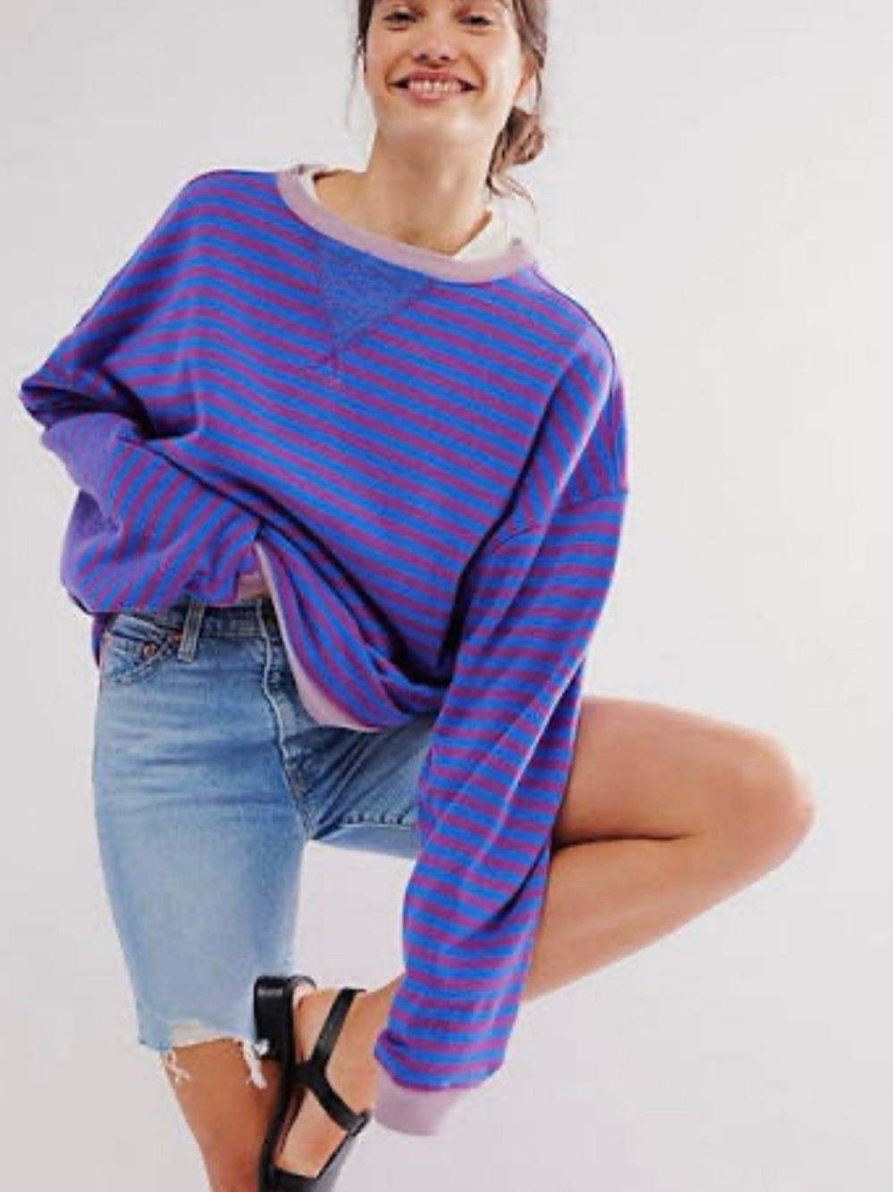 FREE PEOPLE Striped Crewneck Sweatshirt - Blue & Purple